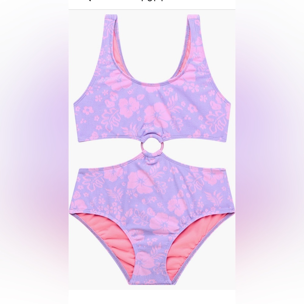 NWT Beach Lingo Girls Lavender & Pink Floral Cutout One-Piece Swimsuit Size 16